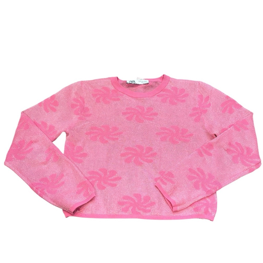 Zara Pink Floral sheer cropped Sweater Y2K bright funky retro vibes size medium